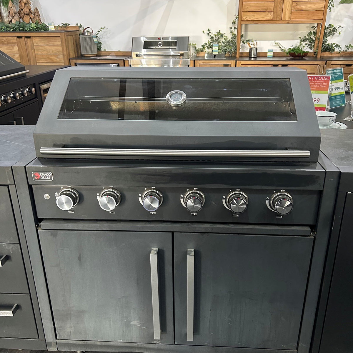 Ex Display Draco Grills Fusion 6 Burner Black Outdoor Kitchen with Fridge Unit and Cupboard