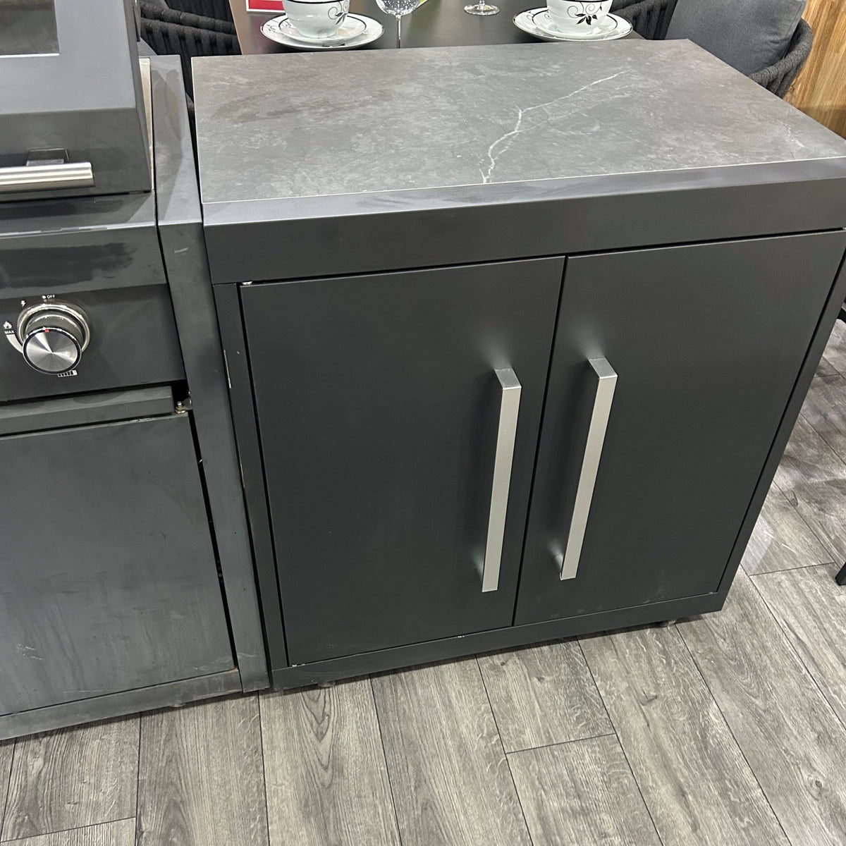 Ex Display Draco Grills Fusion 6 Burner Black Outdoor Kitchen with Fridge Unit and Cupboard