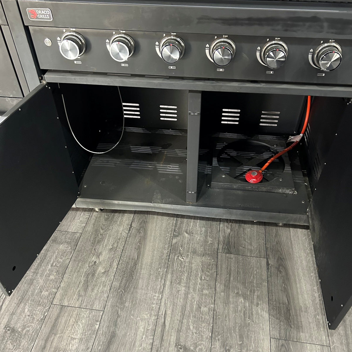 Ex Display Draco Grills Fusion 6 Burner Black Outdoor Kitchen with Fridge Unit and Cupboard