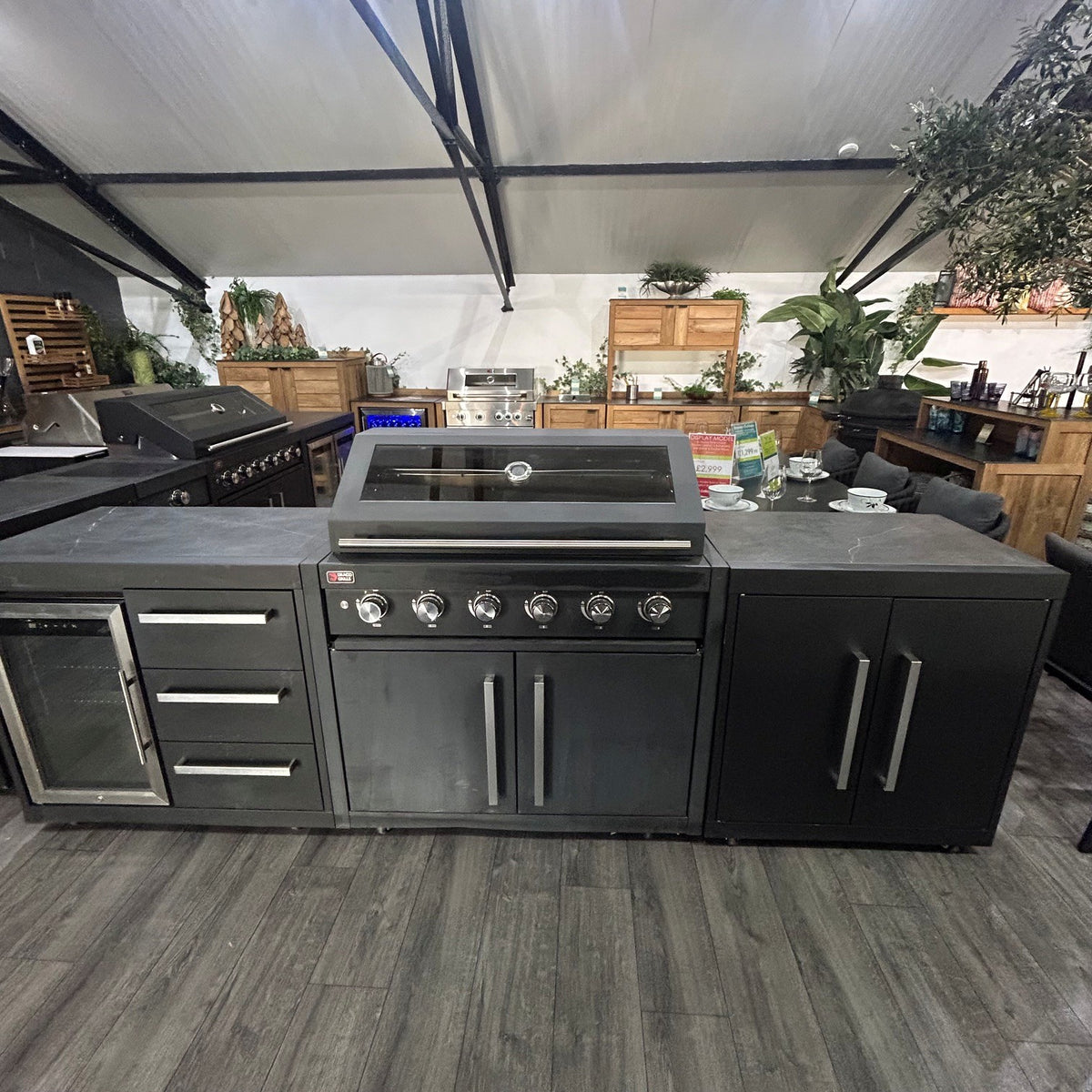 Ex Display Draco Grills Fusion 6 Burner Black Outdoor Kitchen with Fridge Unit and Cupboard