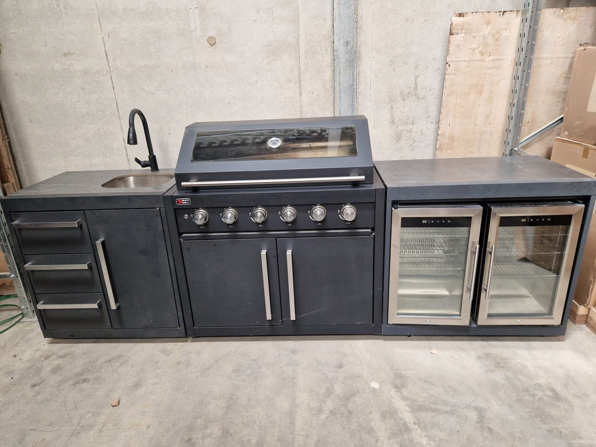 Ex Display Draco Grills Fusion 6 Burner Black Outdoor Kitchen with Double Fridge and Sink Unit