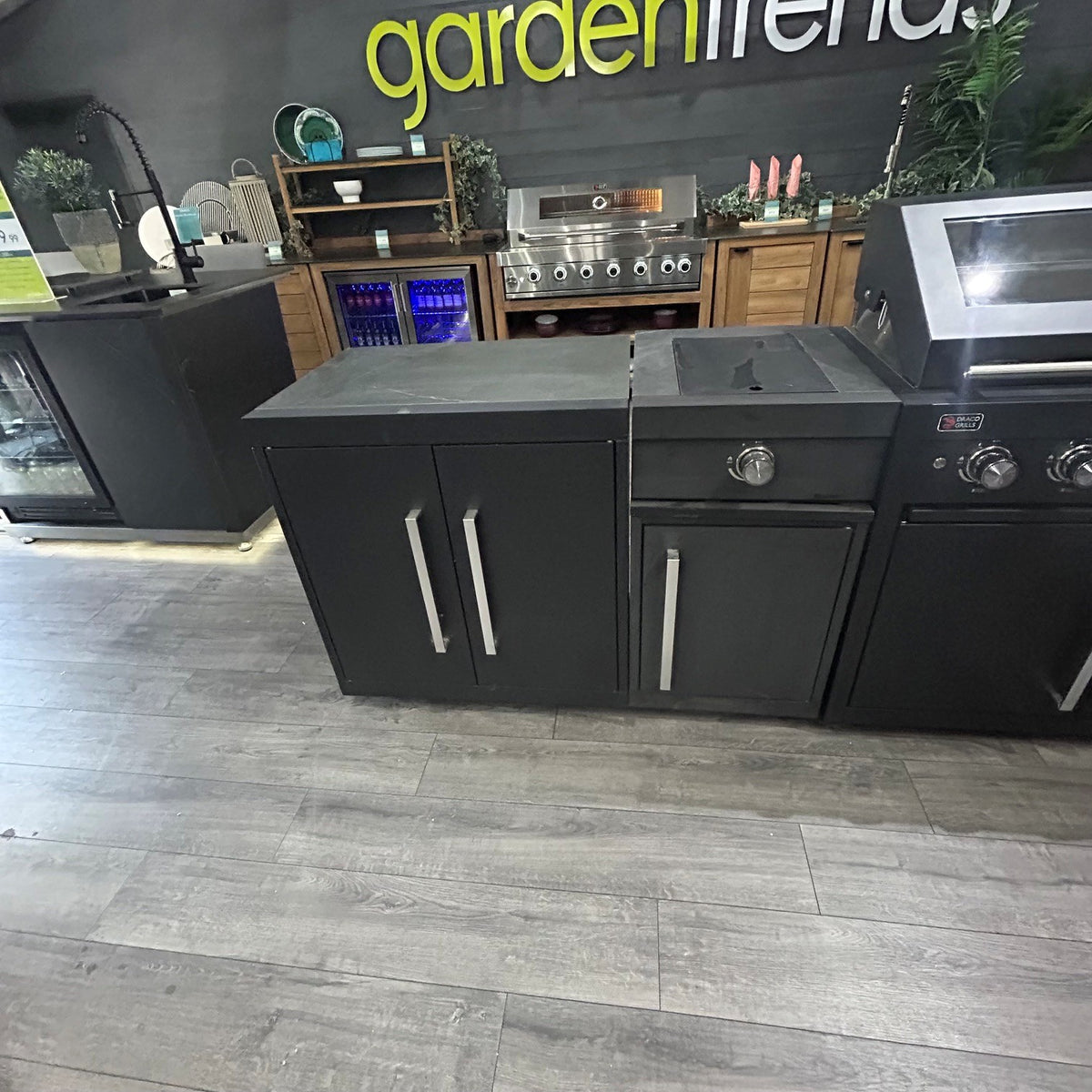 Ex Display Draco Grills Fusion 6 Burner Black Outdoor Kitchen with Side Burner, Double Fridge and Double Cupboard