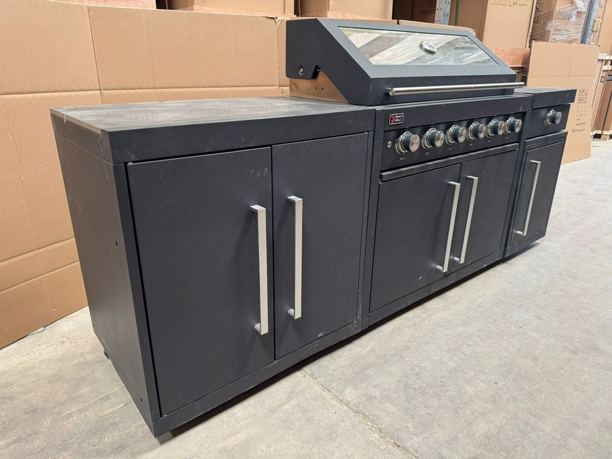 Ex Display Draco Grills Fusion 6 Burner Black Outdoor Kitchen with Side Burner and Double Cupboard