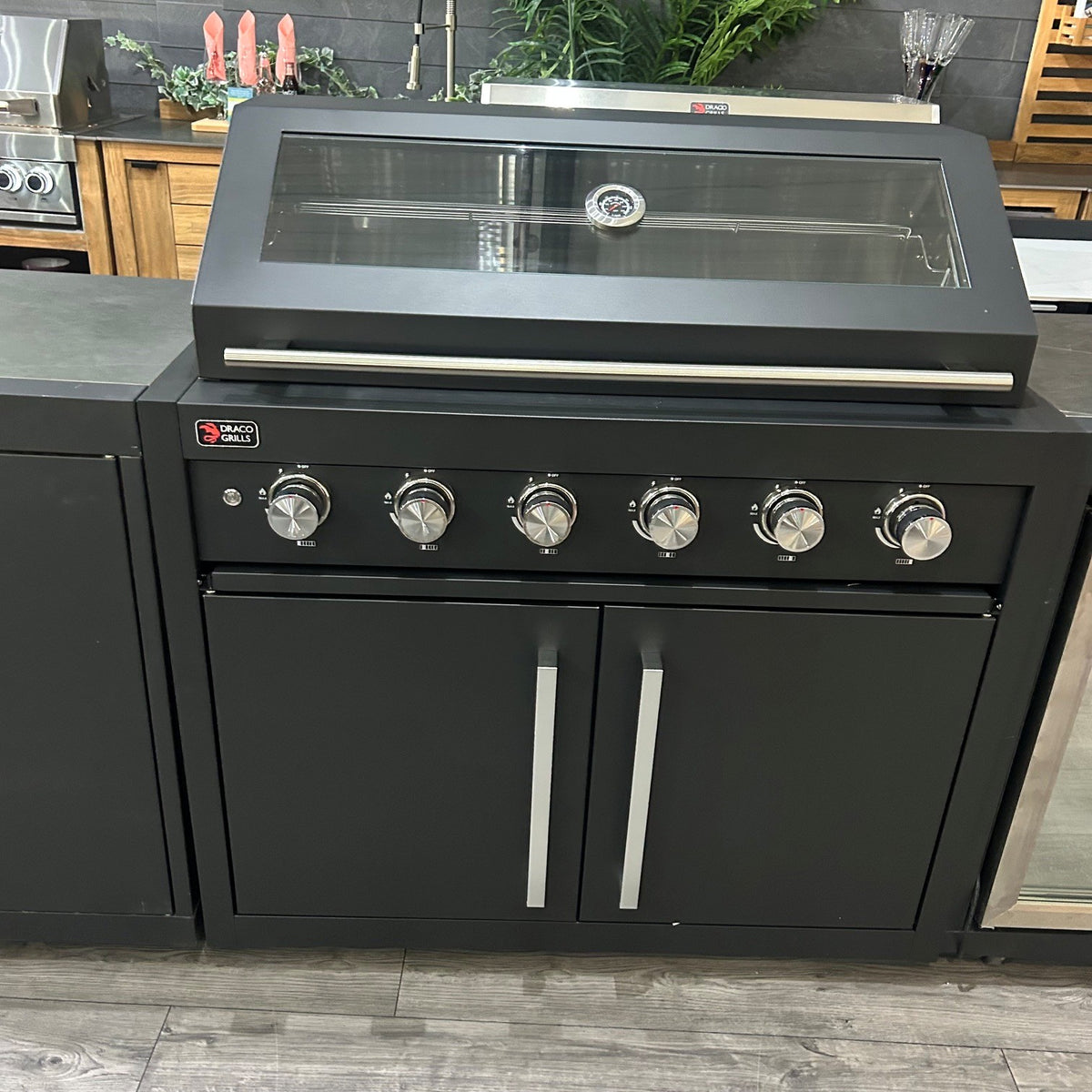 Ex Display Draco Grills Fusion 6 Burner Black Outdoor Kitchen with Double Fridge and Cupboard