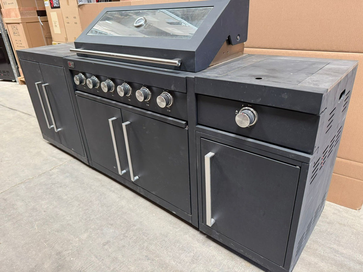 Ex Display Draco Grills Fusion 6 Burner Black Outdoor Kitchen with Side Burner and Double Cupboard