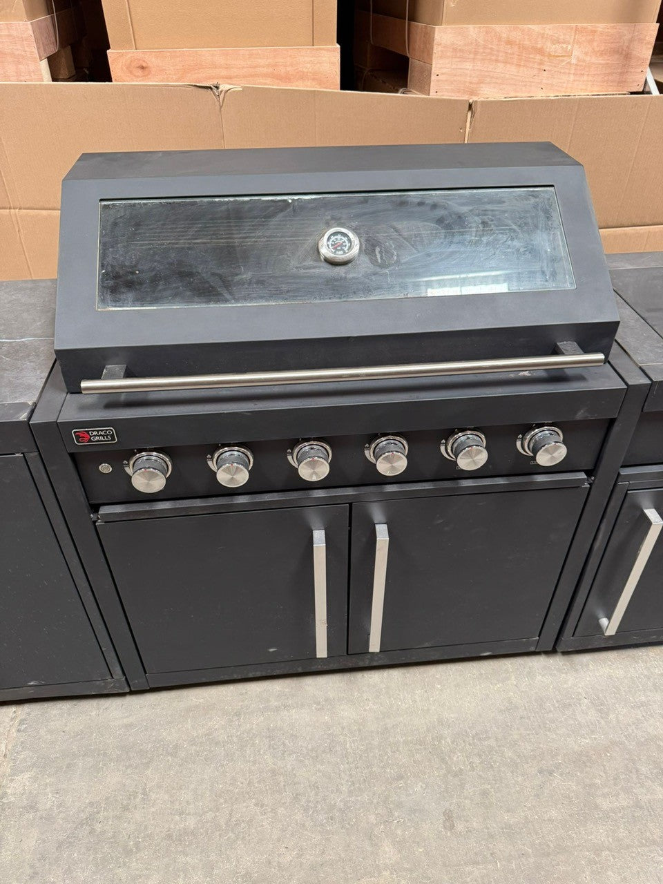 Ex Display Draco Grills Fusion 6 Burner Black Outdoor Kitchen with Side Burner and Double Cupboard