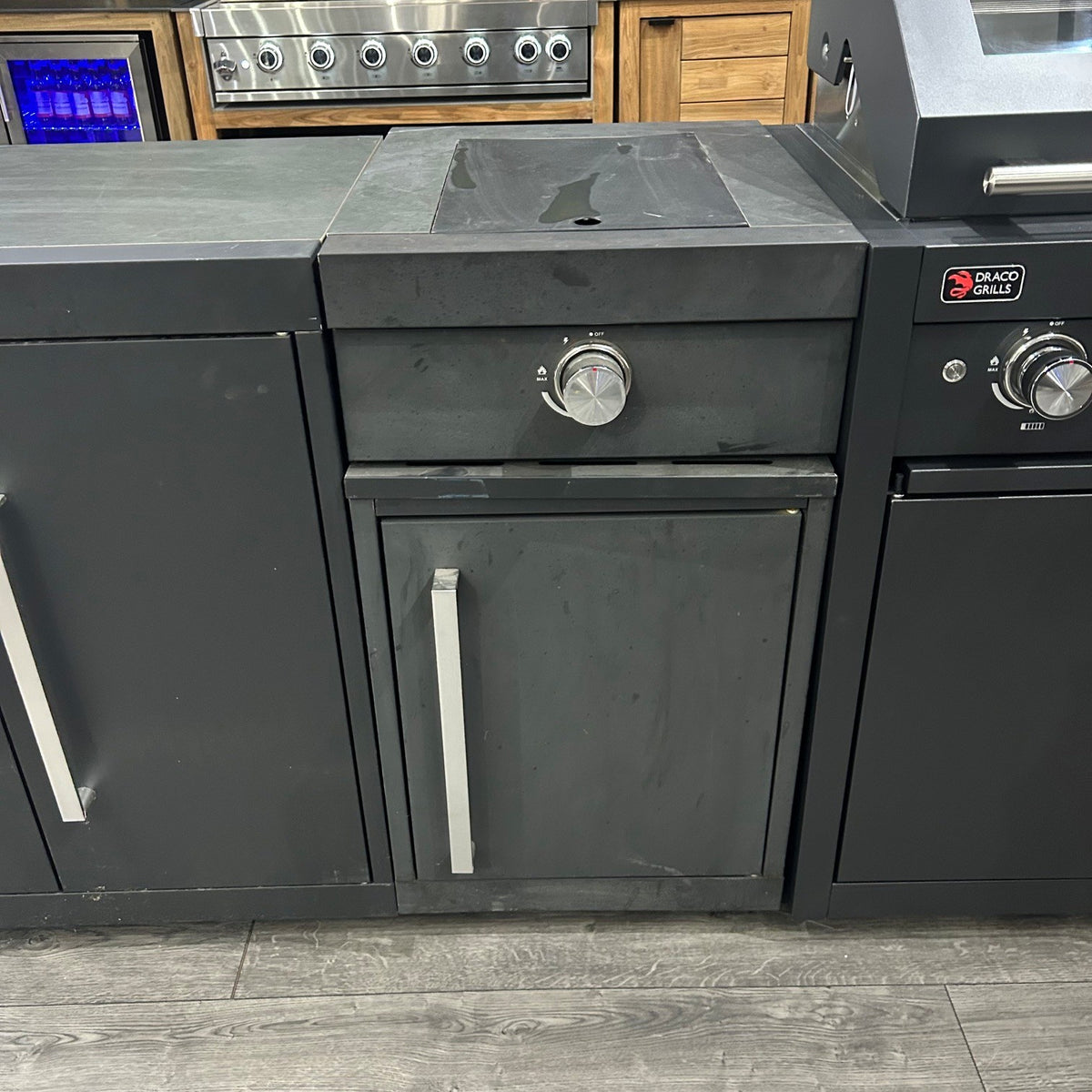 Ex Display Draco Grills Fusion 6 Burner Black Outdoor Kitchen with Side Burner, Double Fridge and Double Cupboard