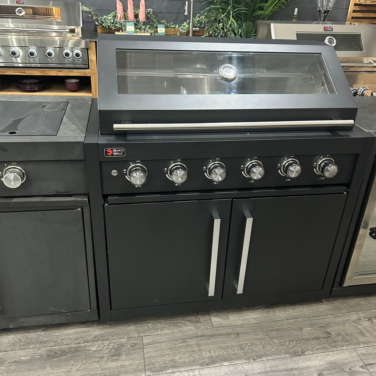 Ex Display Draco Grills Fusion 6 Burner Black Outdoor Kitchen with Side Burner, Double Fridge and Double Cupboard