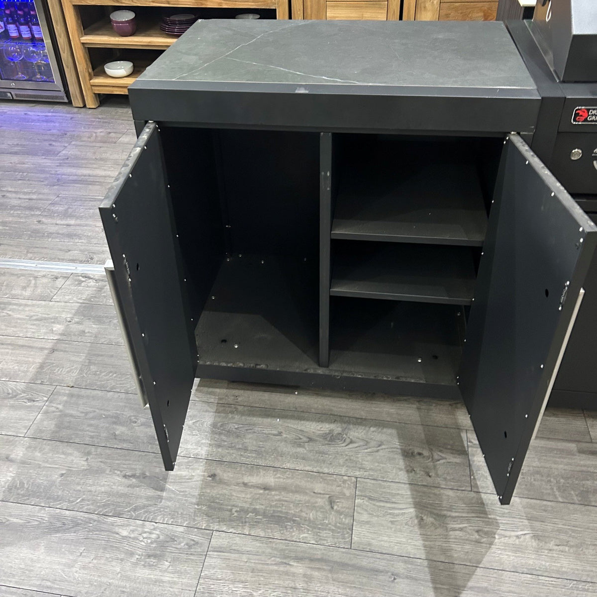 Ex Display Draco Grills Fusion 6 Burner Black Outdoor Kitchen with Double Fridge and Cupboard