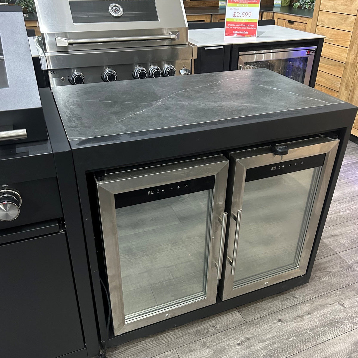 Ex Display Draco Grills Fusion 6 Burner Black Outdoor Kitchen with Side Burner, Double Fridge and Double Cupboard