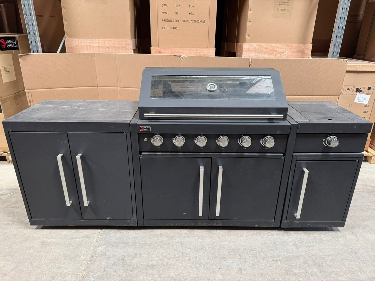 Ex Display Draco Grills Fusion 6 Burner Black Outdoor Kitchen with Side Burner and Double Cupboard