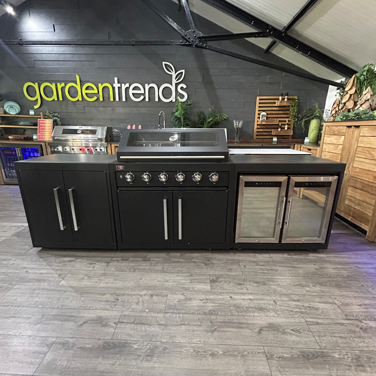Ex Display Draco Grills Fusion 6 Burner Black Outdoor Kitchen with Double Fridge and Cupboard