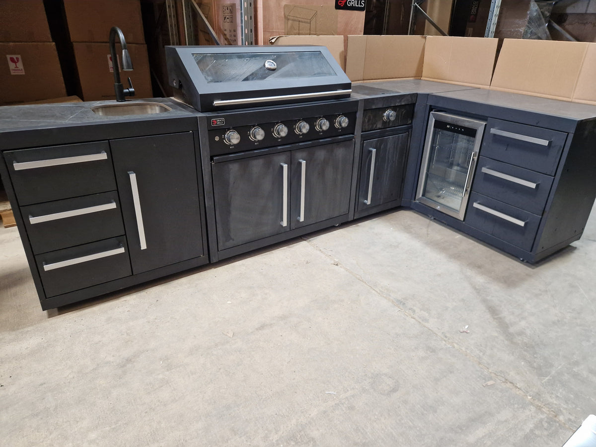 Ex Display Draco Grills Fusion 6 Burner Black Outdoor Kitchen with Side Burner, Single Fridge and Sink Unit