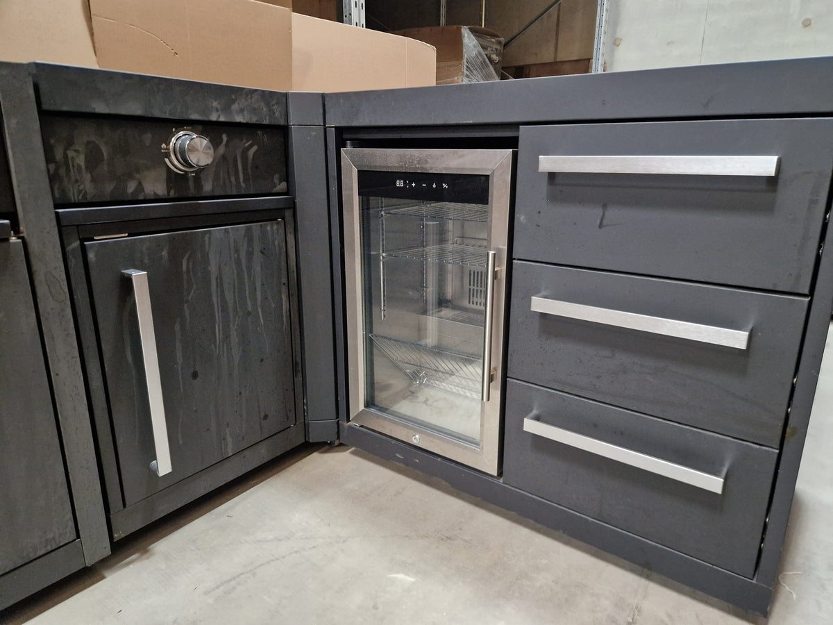 Ex Display Draco Grills Fusion 6 Burner Black Outdoor Kitchen with Side Burner, Single Fridge and Sink Unit