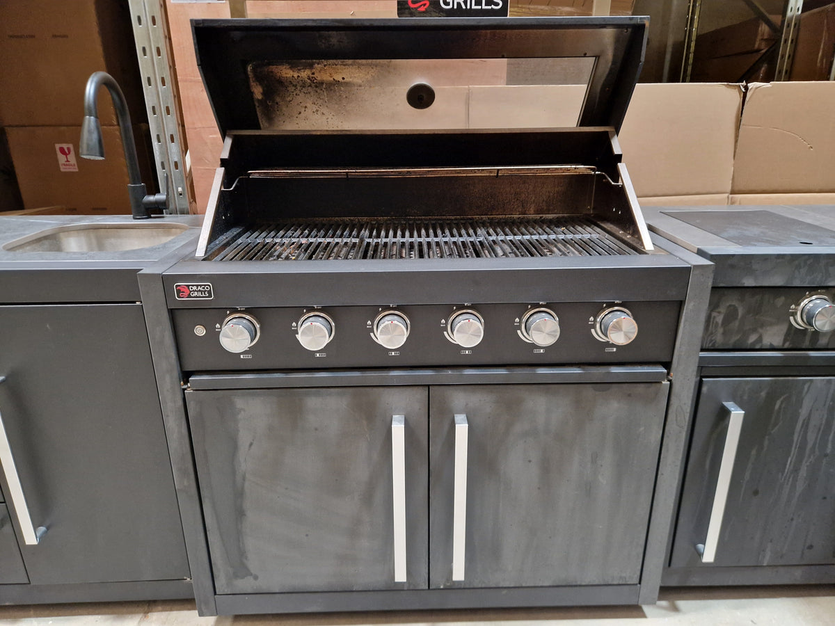 Ex Display Draco Grills Fusion 6 Burner Black Outdoor Kitchen with Side Burner, Single Fridge and Sink Unit