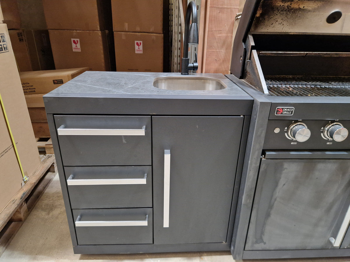Ex Display Draco Grills Fusion 6 Burner Black Outdoor Kitchen with Side Burner, Single Fridge and Sink Unit