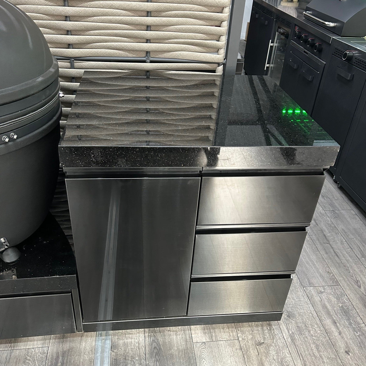 Ex Display Draco Grills Black Stainless Steel Outdoor Kitchen with 27" Kamado Unit, Single Cabinet, Drawer Unit and Bin Cabinet
