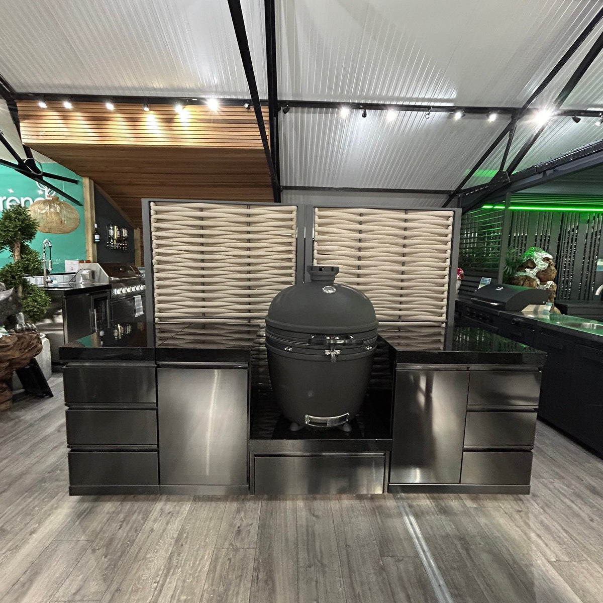 Ex Display Draco Grills Black Stainless Steel Outdoor Kitchen with 27" Kamado Unit, Single Cabinet, Drawer Unit and Bin Cabinet