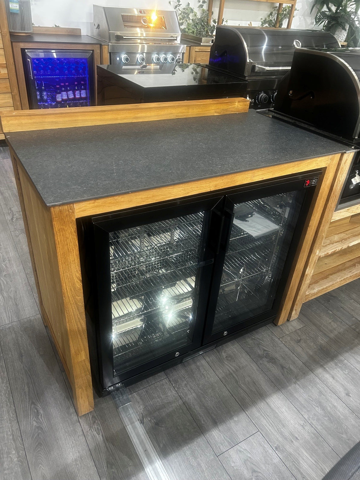 Ex Display Draco Grills Teak 6 Burner Outdoor Kitchen with Modular Double Fridge and Double Cupboard