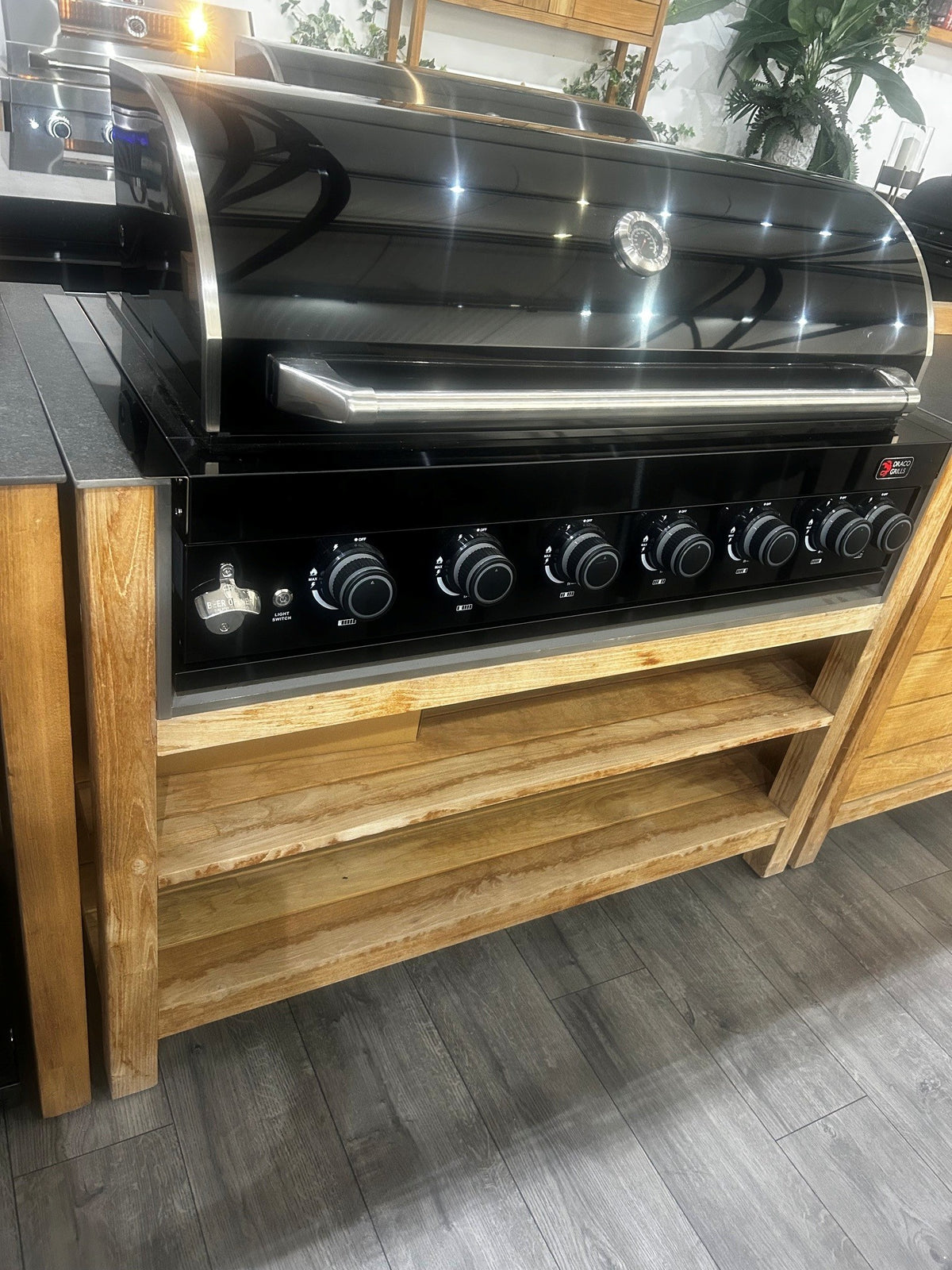 Ex Display Draco Grills Teak 6 Burner Outdoor Kitchen with Modular Double Fridge and Double Cupboard
