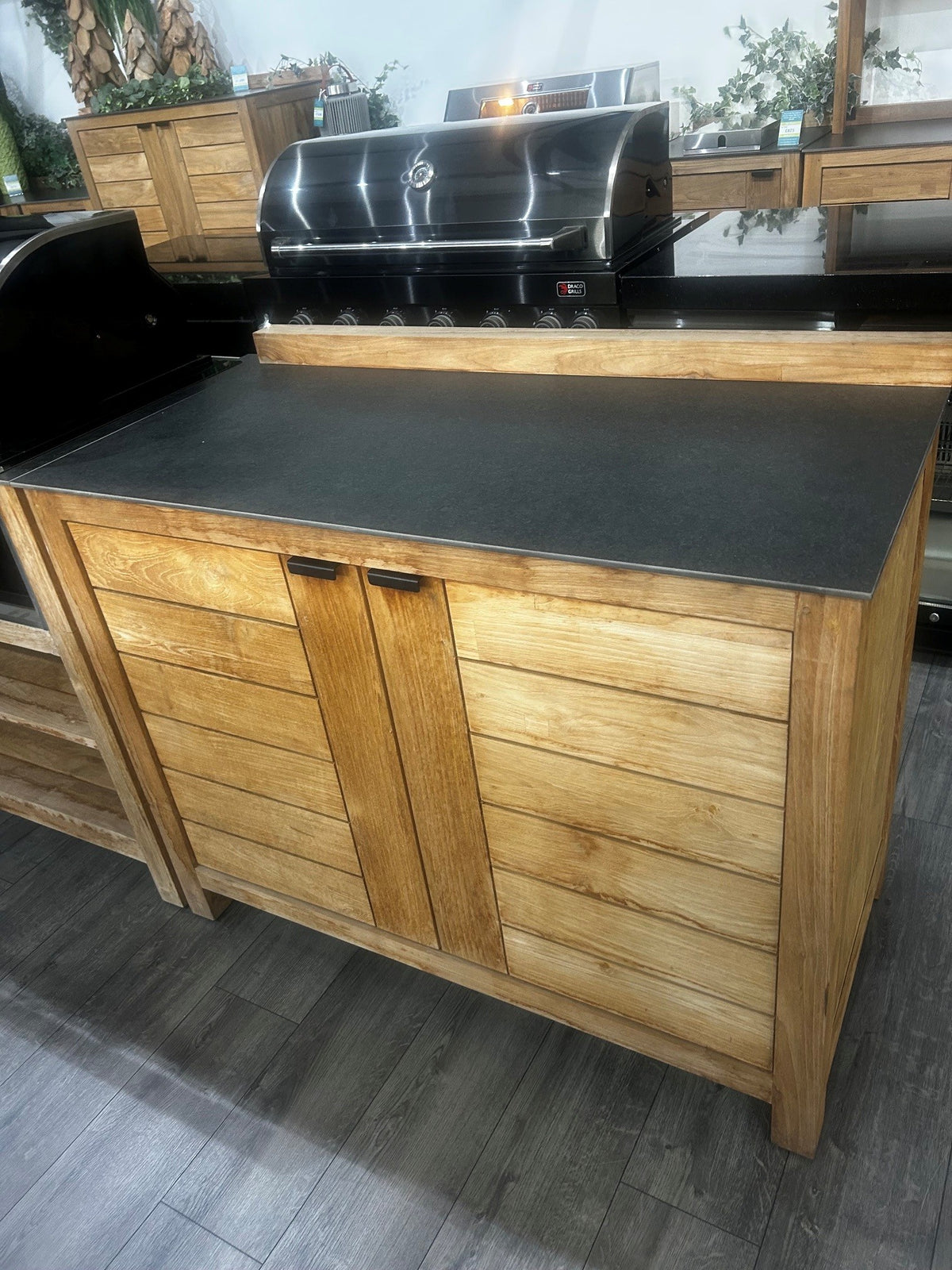 Ex Display Draco Grills Teak 6 Burner Outdoor Kitchen with Modular Double Fridge and Double Cupboard