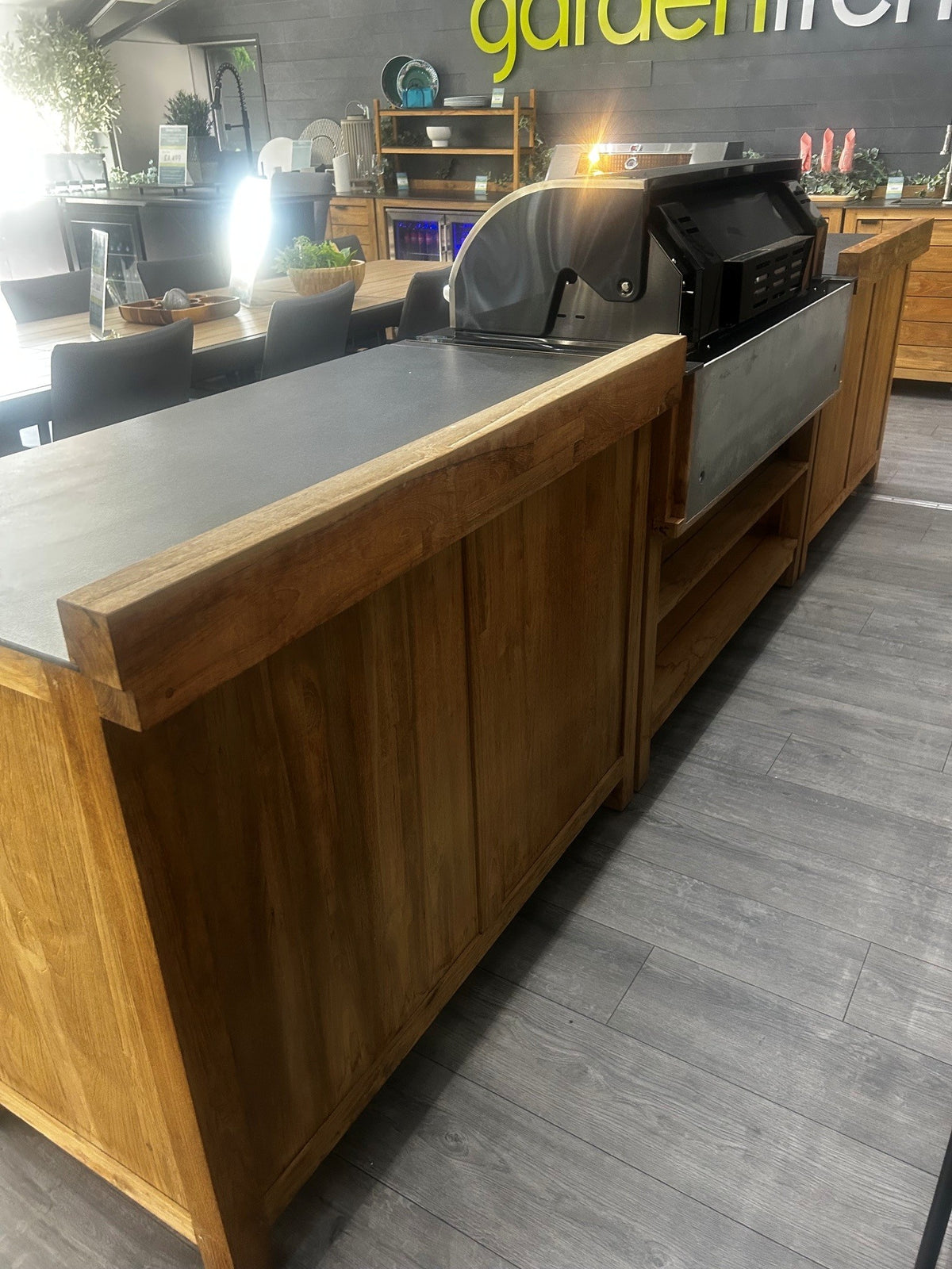 Ex Display Draco Grills Teak 6 Burner Outdoor Kitchen with Modular Double Fridge and Double Cupboard