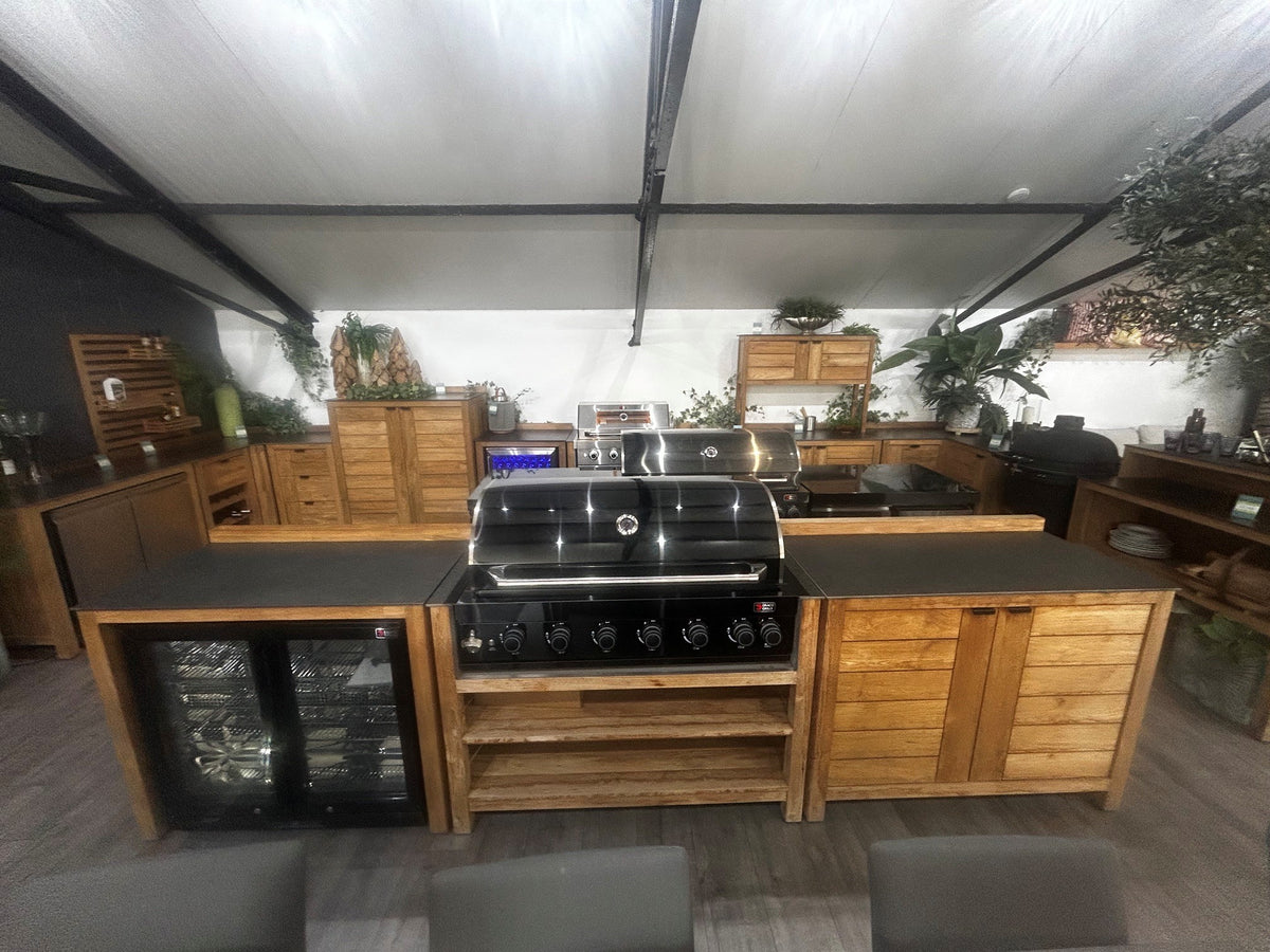 Ex Display Draco Grills Teak 6 Burner Outdoor Kitchen with Modular Double Fridge and Double Cupboard
