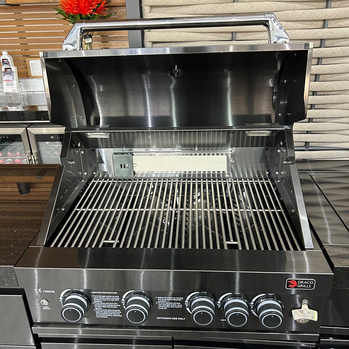 Ex Display Draco Grills 4 Burner Black Stainless Steel Outdoor Kitchen with Sear Station, 3 Drawer Unit and Mid Height Unit with Single Fridge