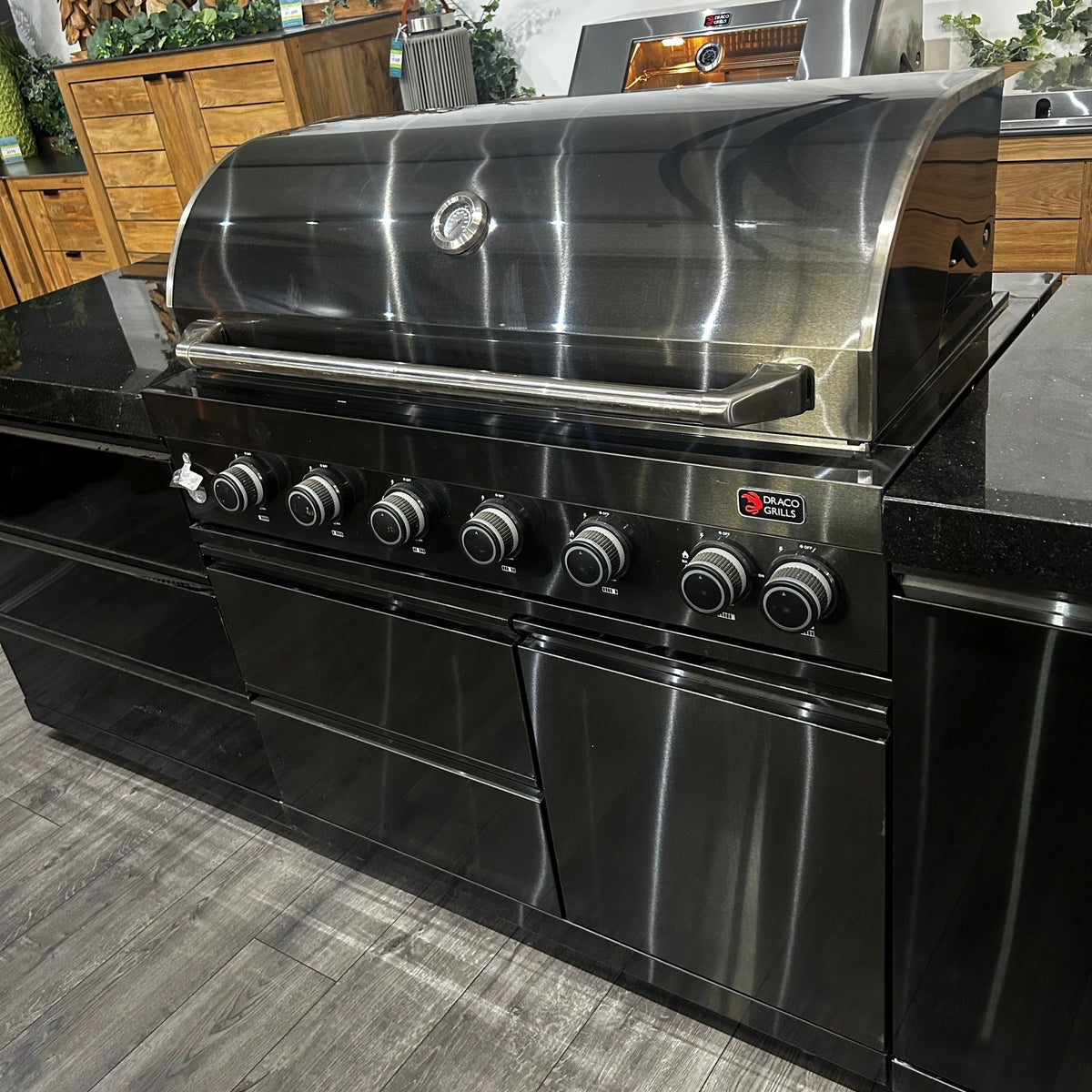 Ex Display Draco Grills 6 Burner Black Stainless Steel Outdoor Kitchen with 3 Drawer Unit and Single Fridge