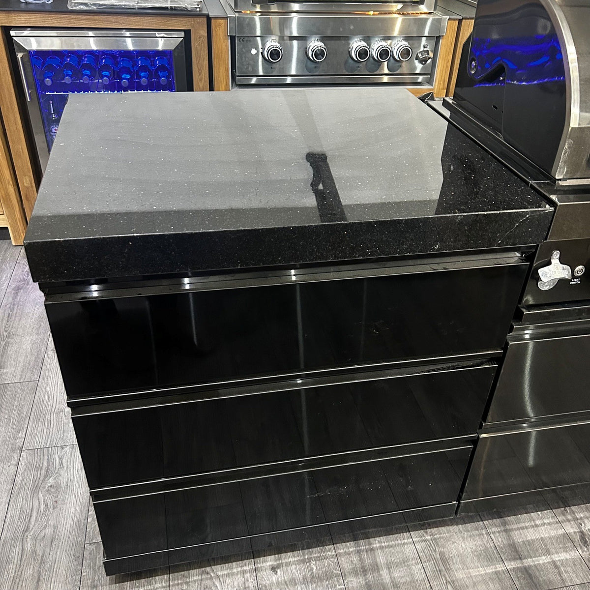Ex Display Draco Grills 6 Burner Black Stainless Steel Outdoor Kitchen with 3 Drawer Unit and Single Fridge