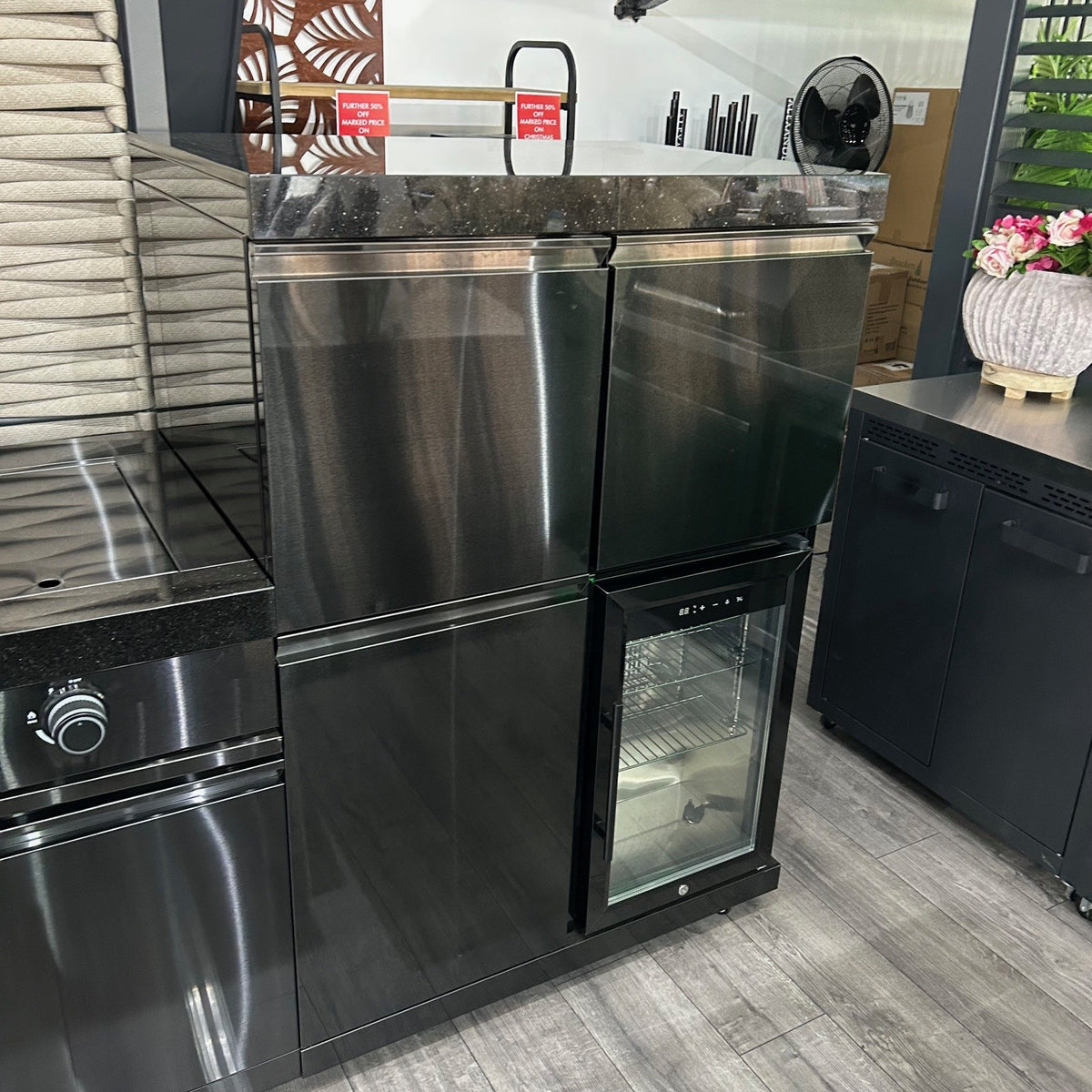 Ex Display Draco Grills 4 Burner Black Stainless Steel Outdoor Kitchen with Sear Station, 3 Drawer Unit and Mid Height Unit with Single Fridge