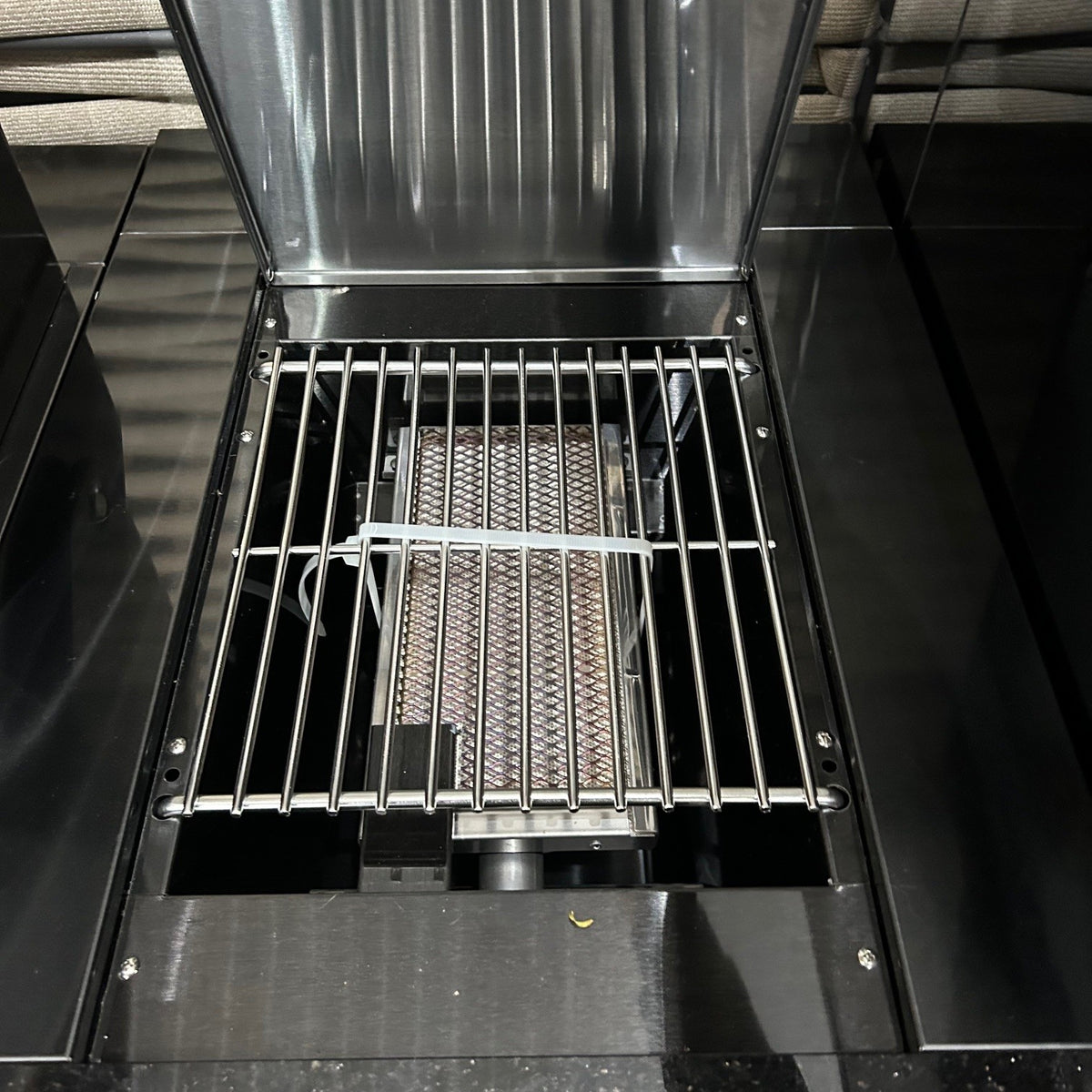Ex Display Draco Grills 4 Burner Black Stainless Steel Outdoor Kitchen with Sear Station, 3 Drawer Unit and Mid Height Unit with Single Fridge