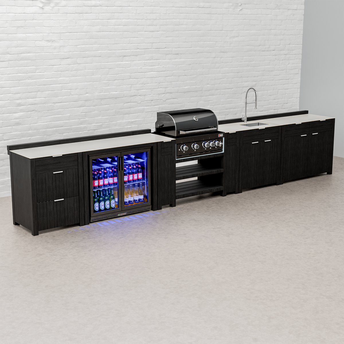 Draco Grills Teak Carbon Line Modular Outdoor Kitchen 4 Burner Black Stainless Steel Barbecue with Double Fridge, Sink and Drawer Cabinets