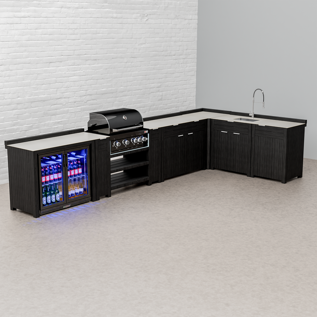 Draco Grills Teak Carbon Line Modular Outdoor Kitchen 4 Burner Black Stainless Steel Barbecue with Double Fridge, Sink, Drawer and Cupboard