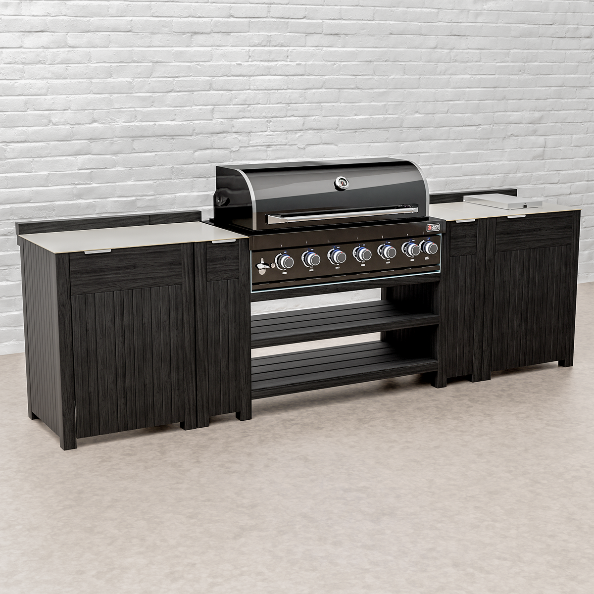 Draco Grills Teak Carbon Line Modular Outdoor Kitchen 6 Burner Black Stainless Steel Barbecue with Side Burner and Single Cabinet