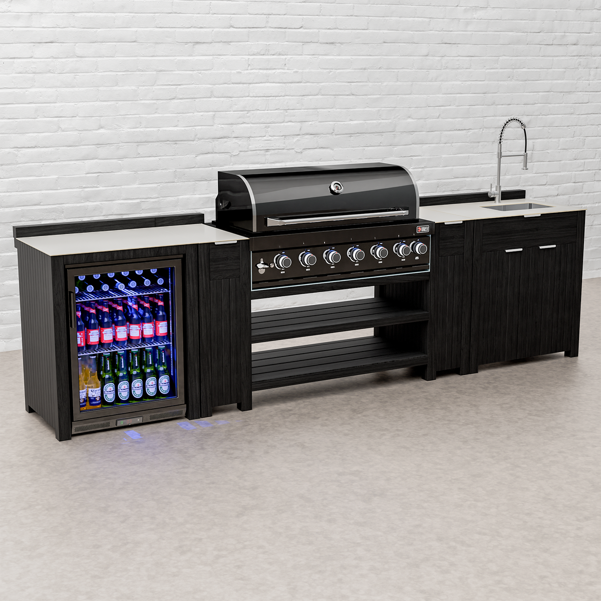 Draco Grills Teak Carbon Line Modular Outdoor Kitchen 6 Burner Black Stainless Steel Barbecue with Sink and Single Fridge