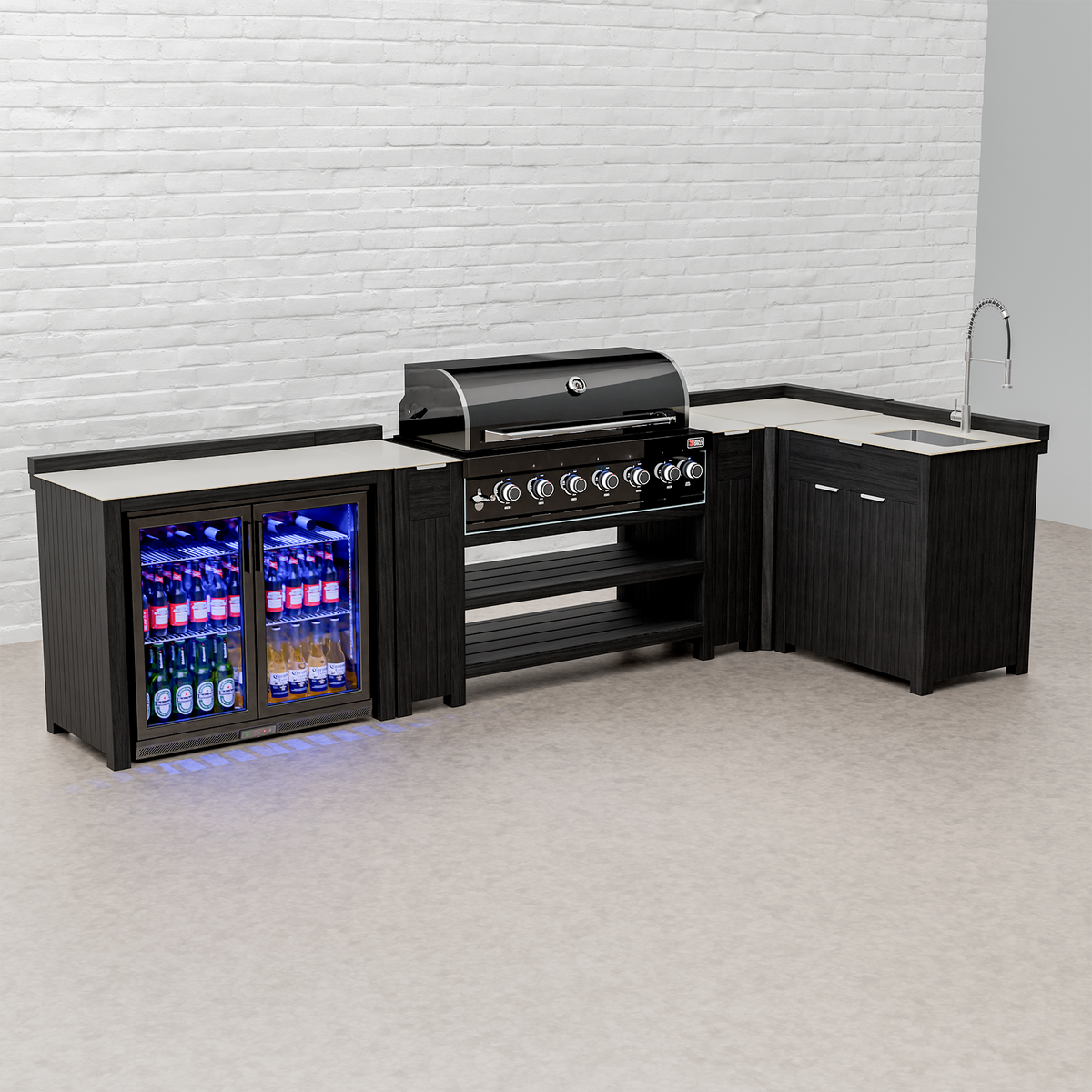 Draco Grills Teak Carbon Line Modular Outdoor Kitchen 6 Burner Black Stainless Steel Barbecue with Sink and Double Fridge Cabinet