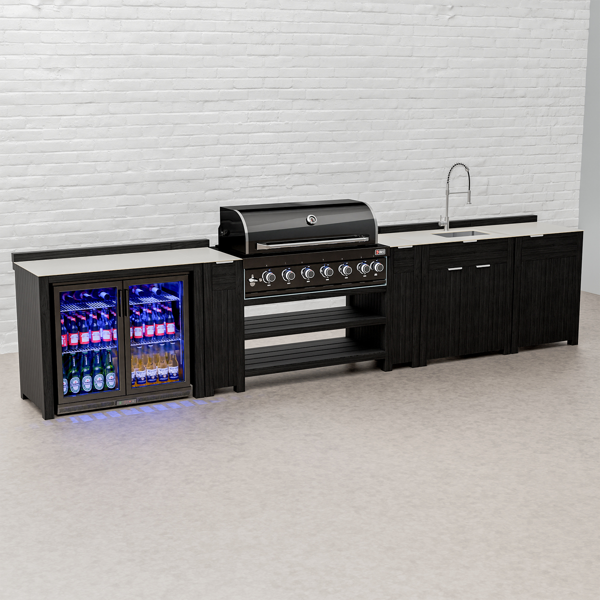 Draco Grills Teak Carbon Line Modular Outdoor Kitchen 6 Burner Black Stainless Steel Barbecue with Double Fridge, Sink and Cupboard