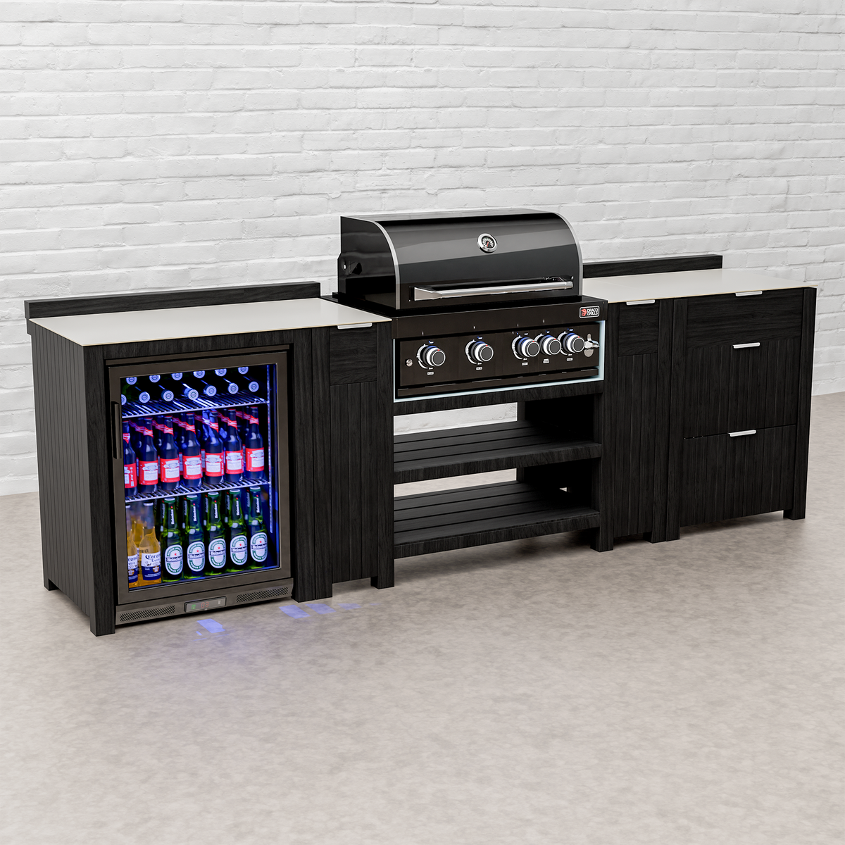 Draco Grills Teak Carbon Line Modular Outdoor Kitchen 4 Burner Black Stainless Steel Barbecue with Single Fridge and Drawer Cabinet