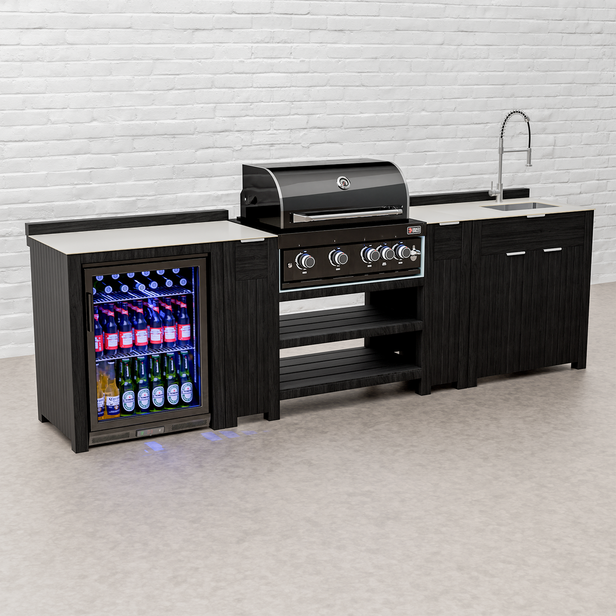 Draco Grills Teak Carbon Line Modular Outdoor Kitchen 4 Burner Black Stainless Steel Barbecue with Single Fridge and Sink Cabinet