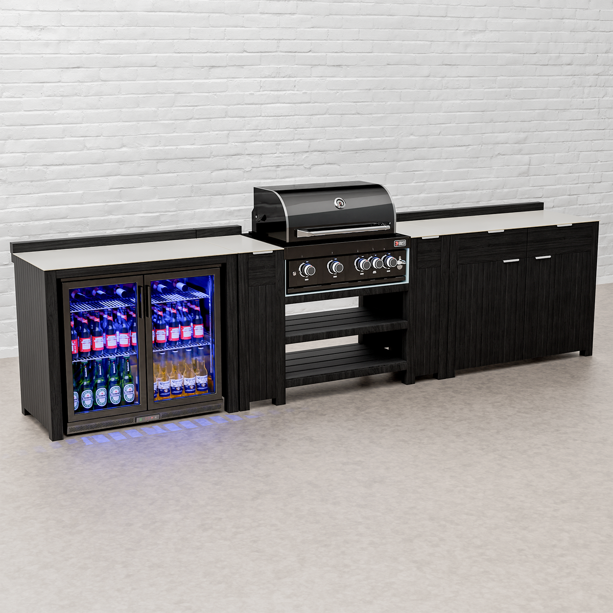 Draco Grills Teak Carbon Line Modular Outdoor Kitchen 4 Burner Black Stainless Steel Barbecue with Double Drawer and Double Fridge Cabinet