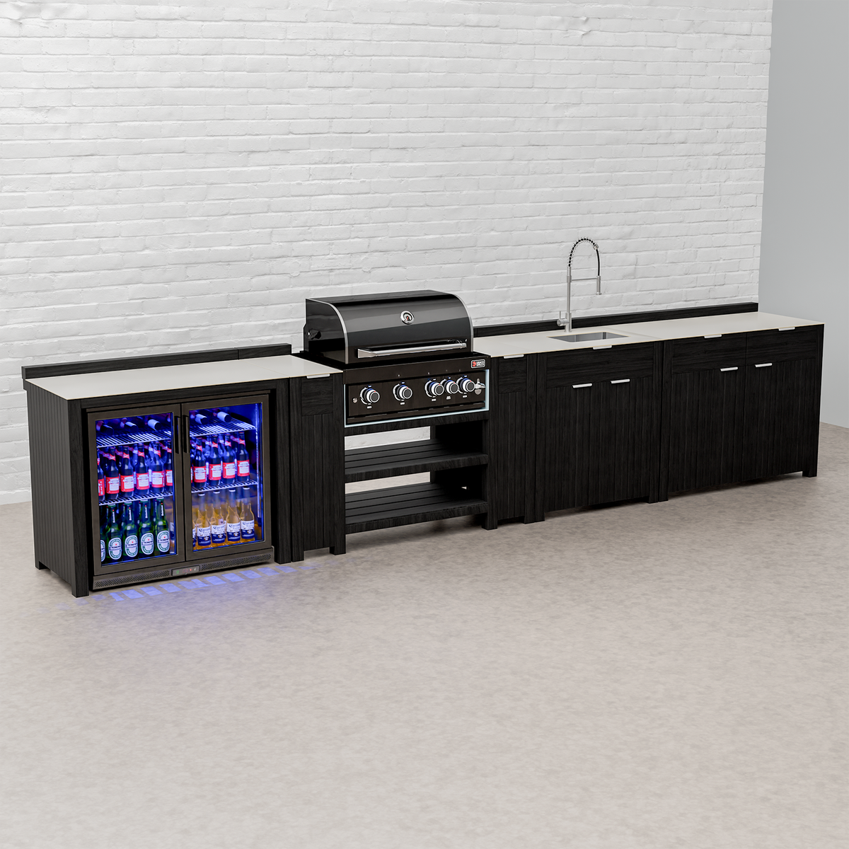 Draco Grills Teak Carbon Line Modular Outdoor Kitchen 4 Burner Black Stainless Steel Barbecue with Sink, Double Drawer and Double Fridge Cabinet