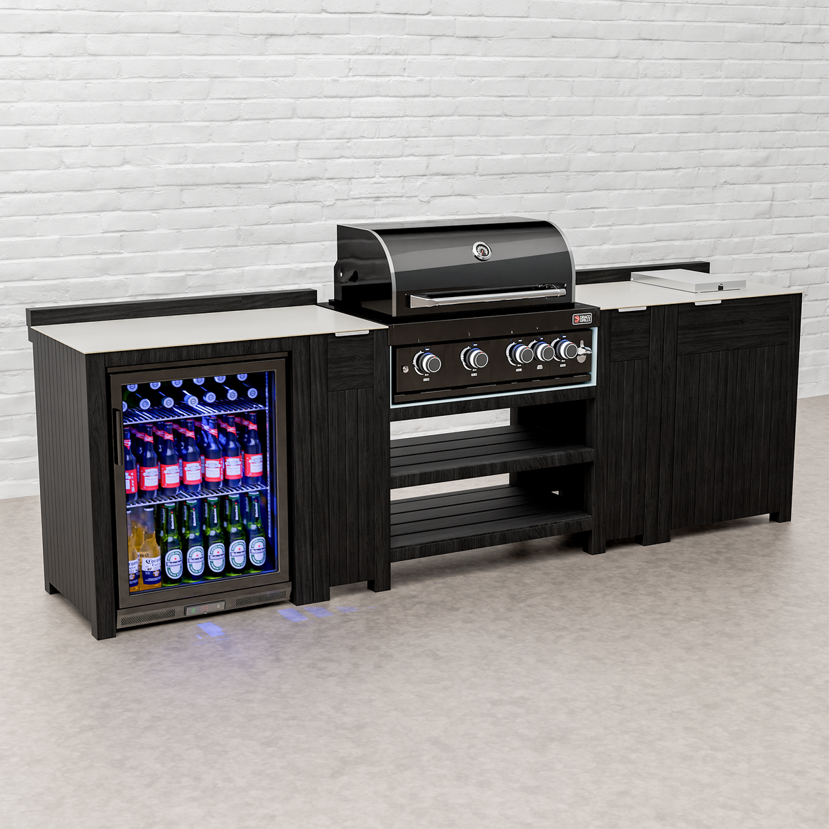 Draco Grills Teak Carbon Line Modular Outdoor Kitchen 4 Burner Black Stainless Steel Barbecue with Side Burner and Single Fridge Cabinet
