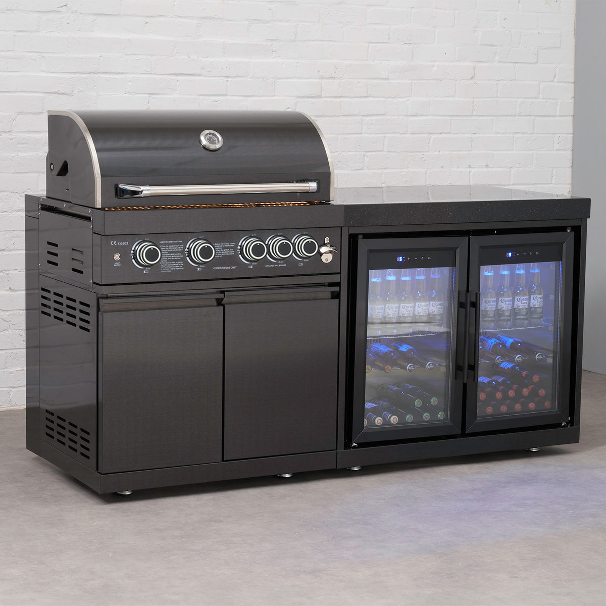 Draco Grills 4 Burner BBQ Black Stainless Steel Modular Outdoor Kitchen with Double Fridge