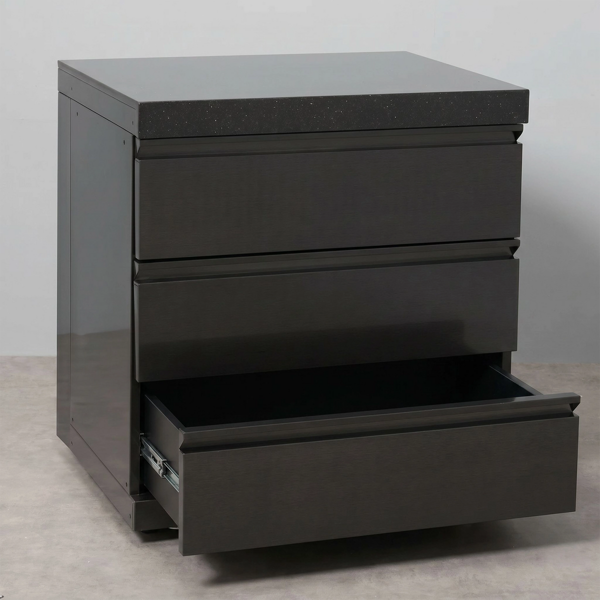 Draco Grills Outdoor Kitchen Black Stainless Steel Large 3 Drawer Cabinet with Granite Top