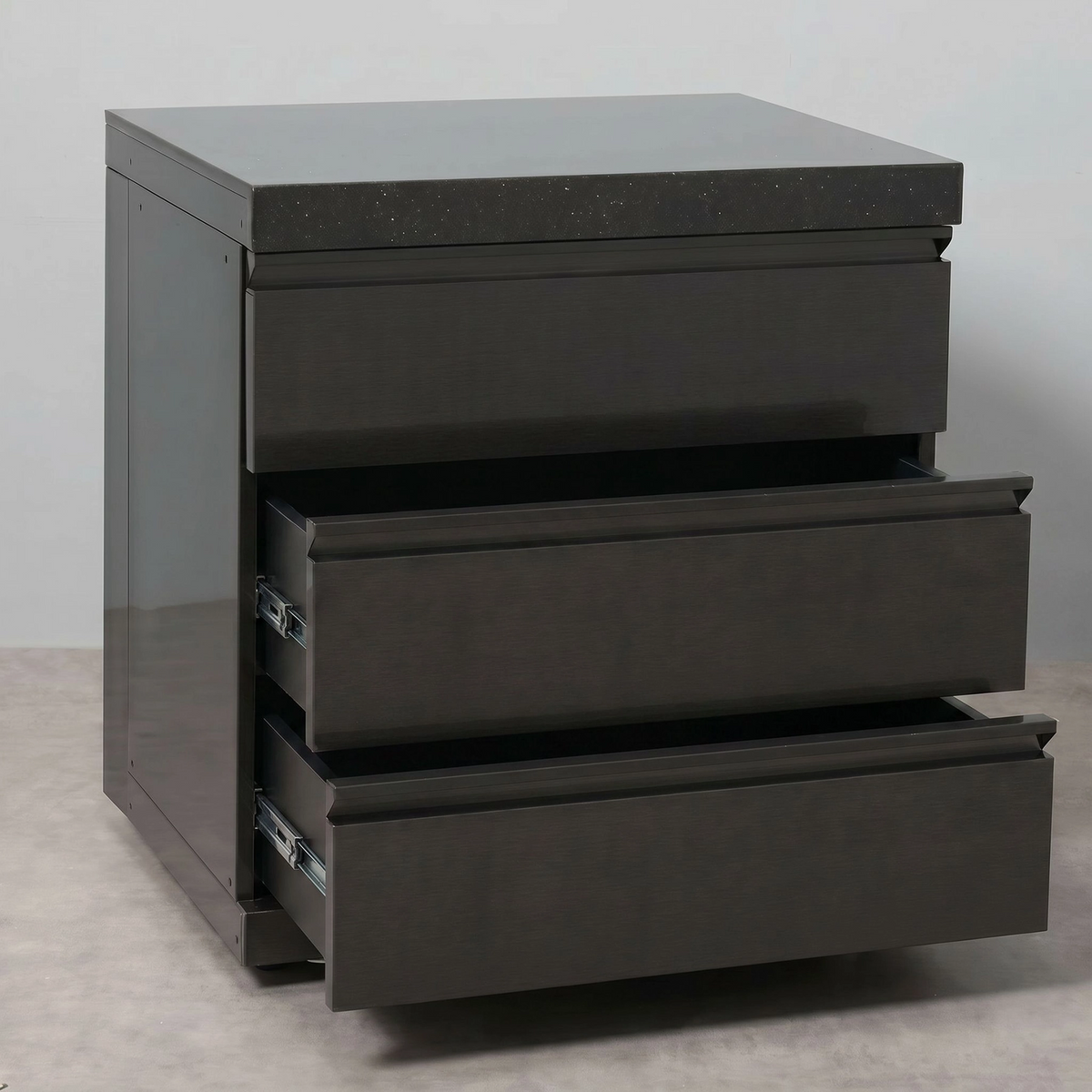 Draco Grills Outdoor Kitchen Black Stainless Steel Large 3 Drawer Cabinet with Granite Top