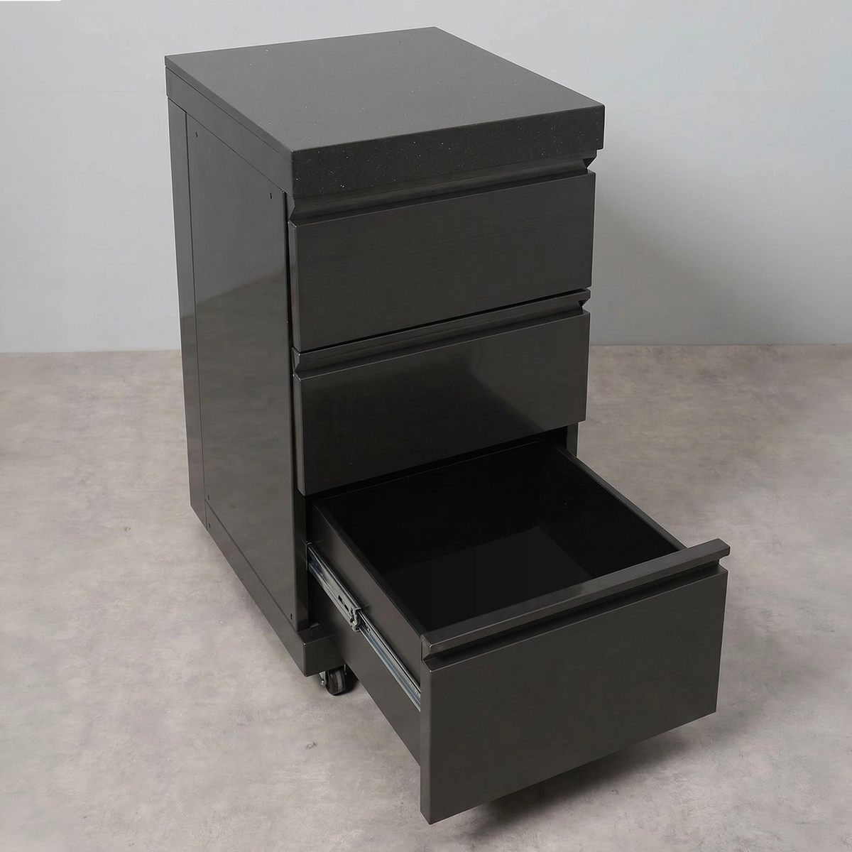 Draco Grills Outdoor Kitchen Black Stainless Steel Triple Drawer Cabinet with Granite Top
