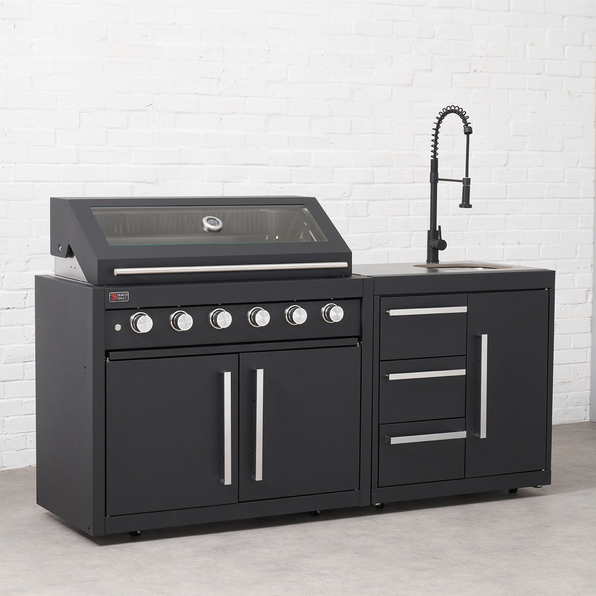 Draco Grills Fusion 6 Burner Black Outdoor Kitchen with Modular Sink