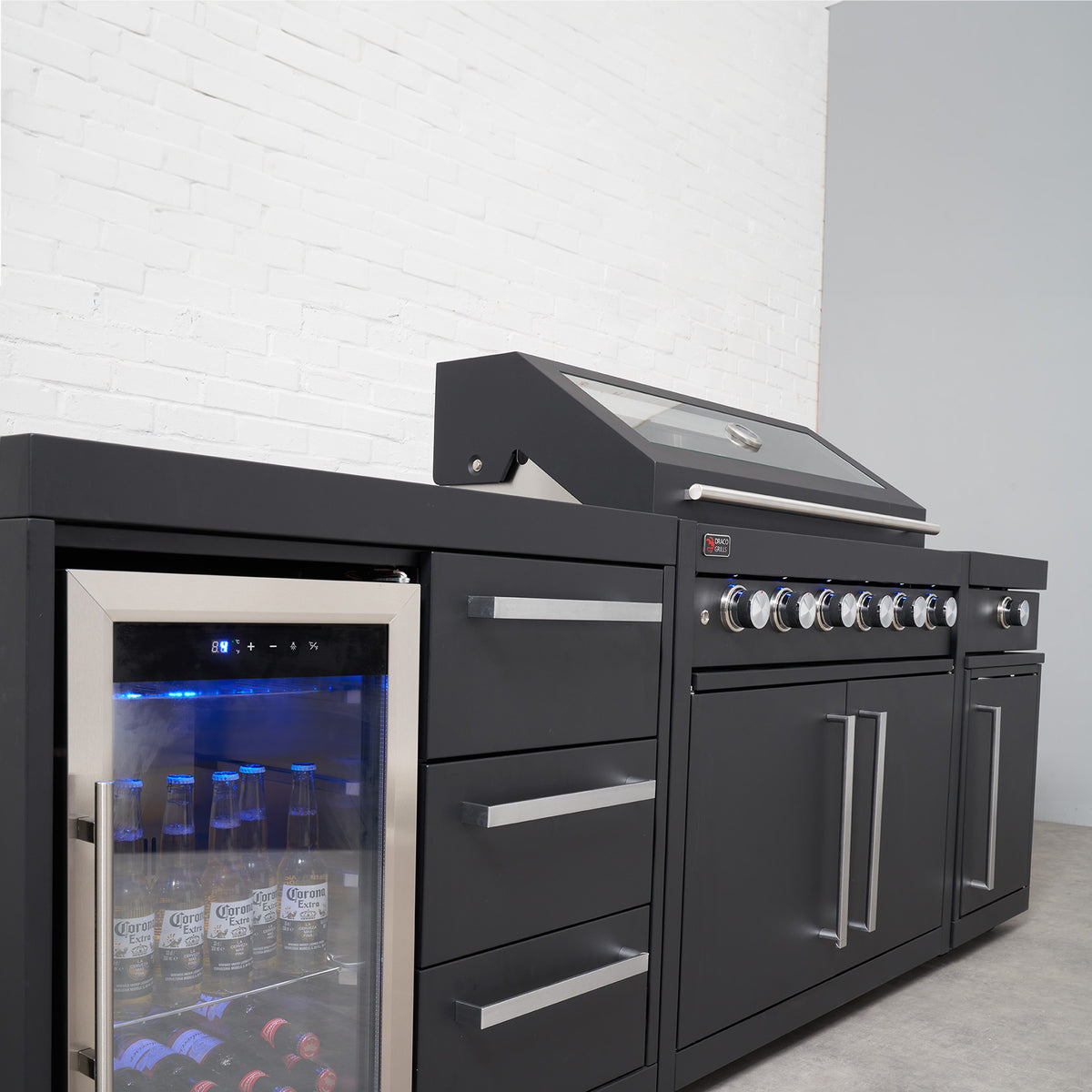 Draco Grills Fusion 6 Burner Black Outdoor Kitchen with Modular Side Burner and Single Fridge