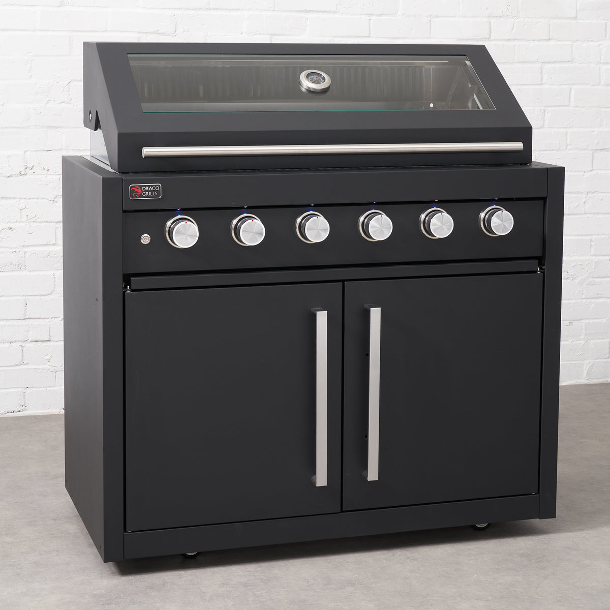 Draco Grills Fusion 6 Burner Black Outdoor Kitchen with Modular Side Burner, Sink, Single Fridge
